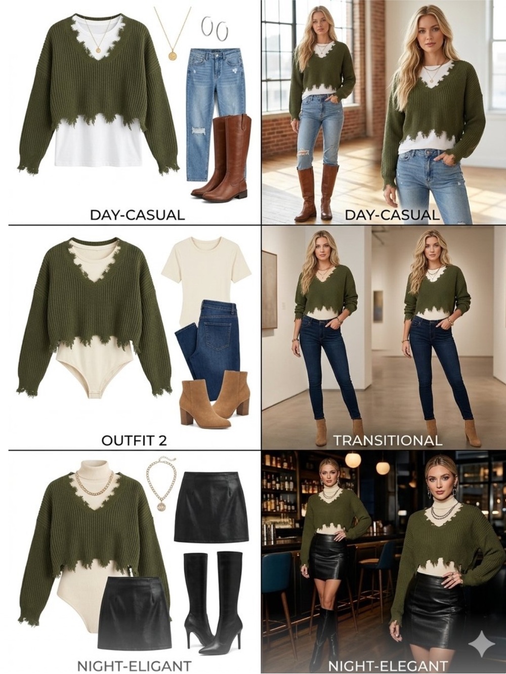 Zaful Olive Green Ribbed Cropped Sweater with Cream Inset